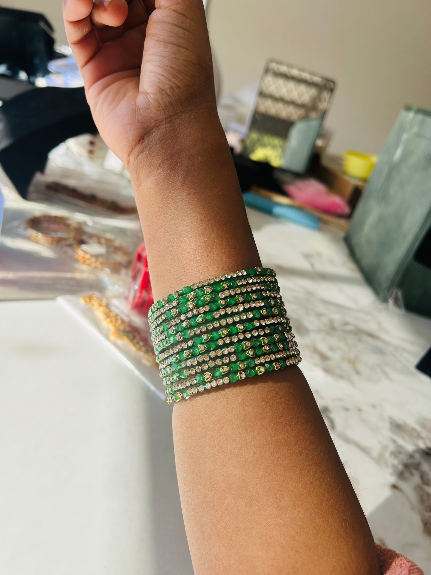 Green stonework bangles